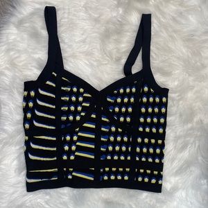 knit crop bustier top blue, yellow, and black
